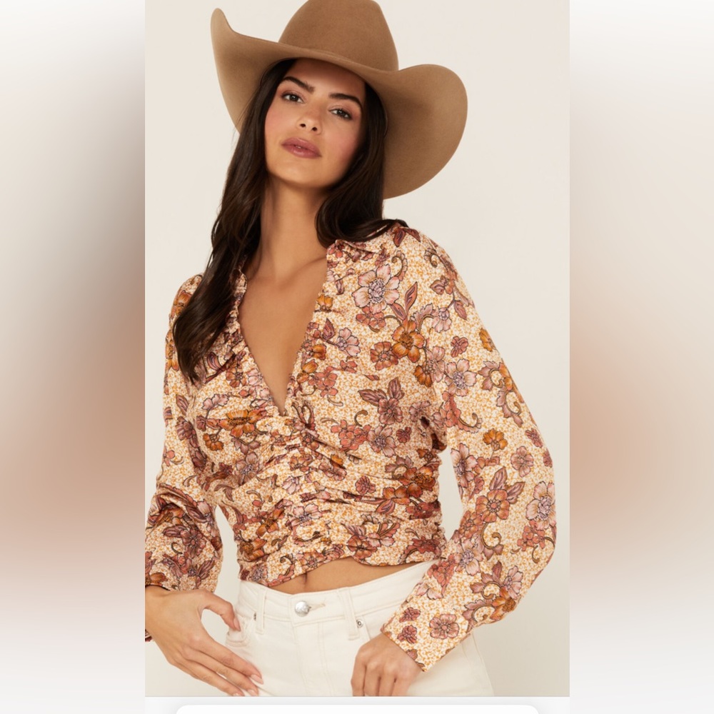 Free People Floral Wrap Blouse in Cream and Brown